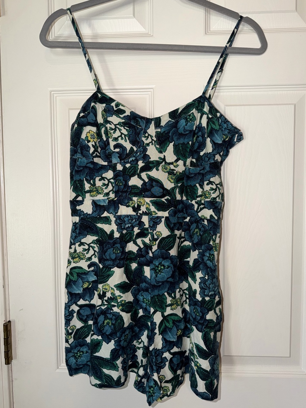 LOFT Ann Taylor Fitted Bustier Blue & Green Floral Linen Blend Romper